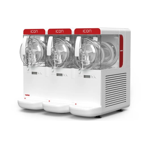 Granitor profesional Ugolini Icon 3/3 cu trei vase de 2.8 litri fiecare. Capacitate totală 8.4 litri. Ideal pentru creme reci, sorbeturi, smoothie-uri și granité. Funcție Zi/Noapte