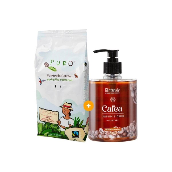 Set Cafea Boabe Puro Bio Organică 1kg + Sapun Natural cu Cafea 500ml