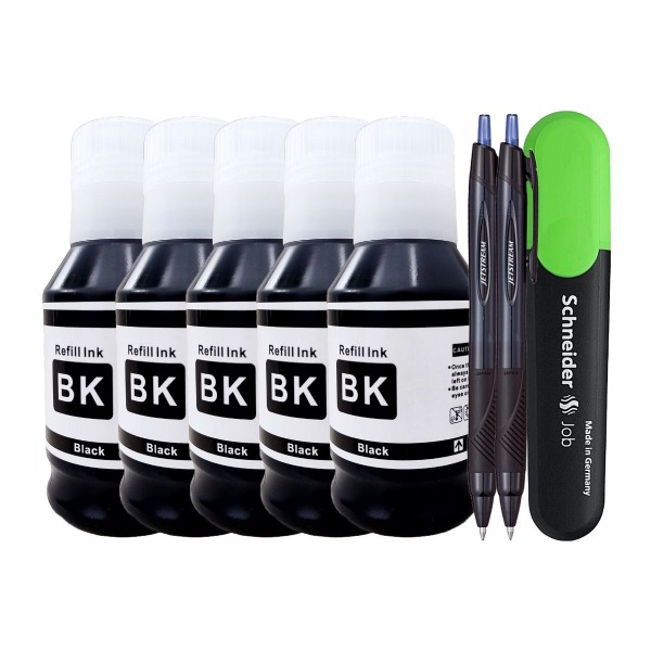 Set Flacon Cerneala Compatibila Canon GI46, 5x170ml Black, 2xPix Jestream si Textmarker Schneider