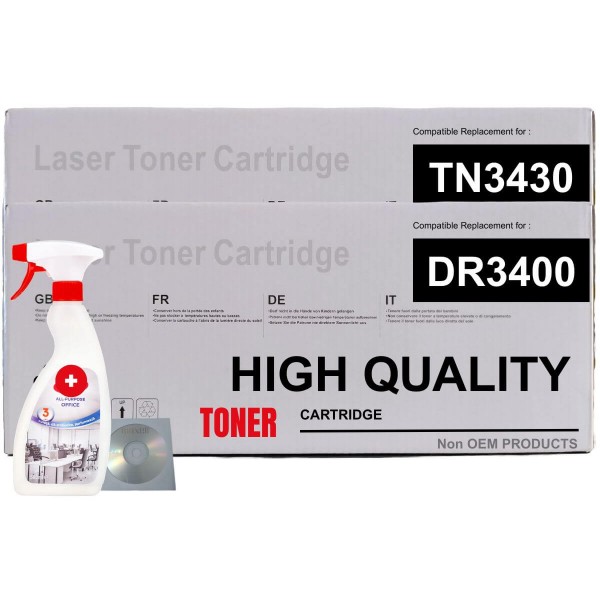 Set Cartus Toner si Drum Non OEM compatibil Brother TN3430 Negru 8000 pagini + Drum DR3400 Negru 30000 pagini cu Solutie Multisuprafete profesionala si CD-R Maxell