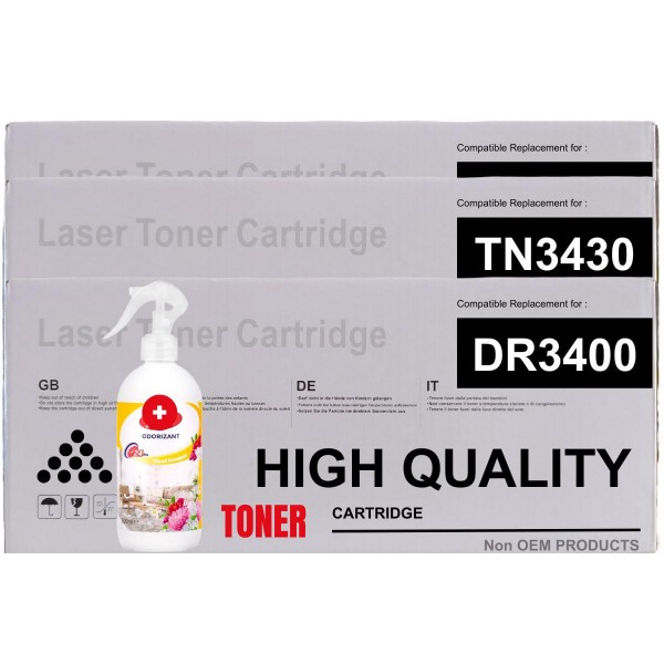 Set 2x Cartus Toner si Drum Non OEM compatibil Brother TN3430 Negru 16000 pagini + Drum DR3400 Negru 30000 pagini cu Odorizant camera profesional