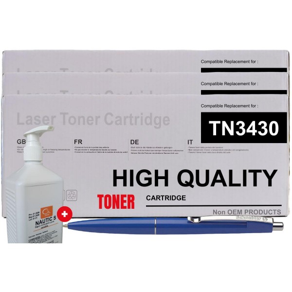 Set 3x Cartuse Toner Non OEM compatibil Brother TN3430 Negru 24000 pagini cu Sapun Profesional piele sensibila si Pix Schneider