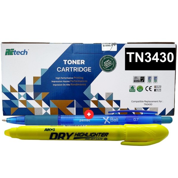 Set Cartus Toner Retech compatibil Brother TN3430 Negru 8000 pagini cu Pix Xball si Textmarker Non Toxic