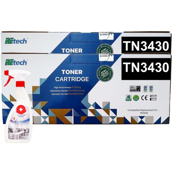 Set Cartuse Toner Retech compatibil Brother 2x TN3430 Negru 16000 pagini cu Solutie Multisuprafete profesionala