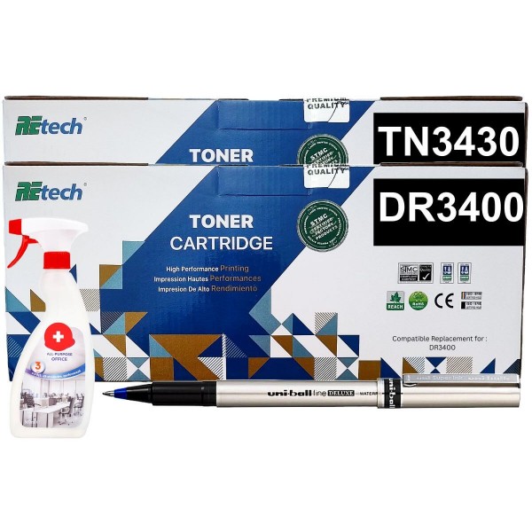 Set Cartus Toner si Drum Retech compatibil Brother TN3430 Negru 8000 pagini + Drum DR3400 Negru 30000 pagini cu Roller DeLuxe si Solutie Multisuprafete profesionala