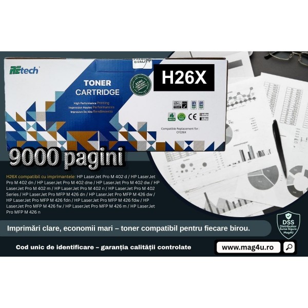 Set Cartus Toner ReTech Compatibil (HP26X) 1xCF226X Negru, 1x9000pagini, 2xPix Jestream si 1xCD-R Maxell cu plic
