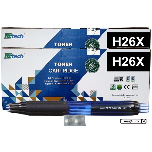 Set Cartus Toner ReTech Compatibil (HP26X) 2xCF226X Negru, 2x9000pagini, 3xPix Jestream si 2xCD-R Maxell cu plic