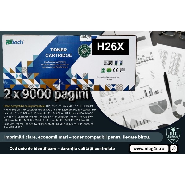 Set Cartus Toner ReTech Compatibil (HP26X) 2xCF226X Negru, 2x9000pagini, 3xPix Jestream si 2xCD-R Maxell cu plic