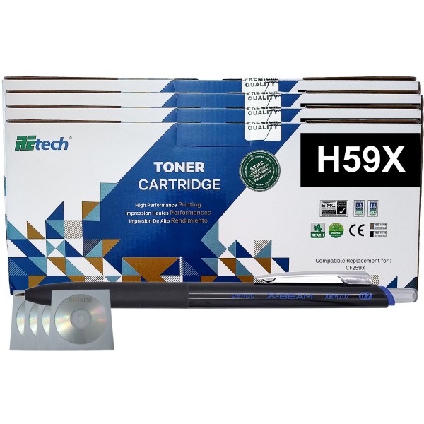 Set Cartus Toner ReTech Compatibil HP59X, 4xCF259X Negru, 40000 pagini cu chip, Pix XBeam si 4buc CD-R Maxell cu plic