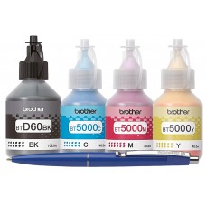 Set Flacon cerneala Brother Original BTD60BK Negru BT5000C Cyan BT5000M Magenta BT5000Y Galben 21500 pagini si pix Schneider