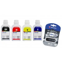 Pachet flacon refill cerneala Ink-Mate 2000ml PG-545 negru CL-546 cyan CL-546 magenta CL-546 galben compatibil Canon si Verbatim USB 32GB