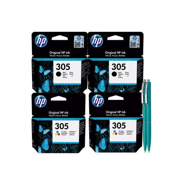 Set 4 Cartuse HP 305 Originale (2x Negru 3YM61AE + 2x Color 3YM60AE) + Pix Schneider