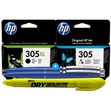 Set Cartus Cerneala Original HP 305 XL / 305 1x 3YM62AE Negru XL + 1x 3YM60AE Color 340 pagini cu 2x Pix Schneider si Textmarker Non Toxic 