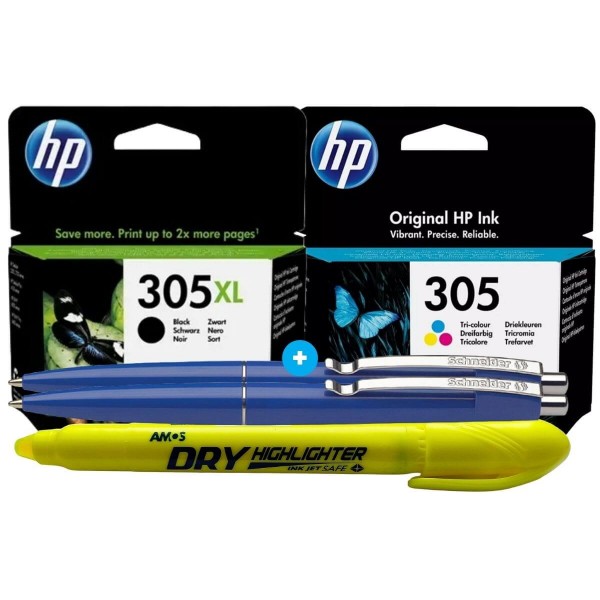 Set Cartus Cerneala Original HP 305 XL / 305 1x 3YM62AE Negru XL + 1x 3YM60AE Color 340 pagini cu 2x Pix Schneider si Textmarker Non Toxic