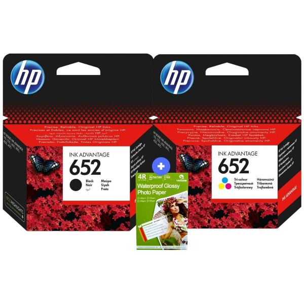 Set Cartus Cerneala Originale HP652, 1xF6V25AE Black, 1xF6V24AE Color si Hartie foto 4R 200g