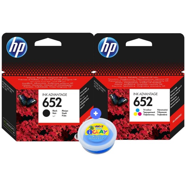 Set Cartus Cerneala Originale HP652, 1xF6V25AE Black, 1xF6V24AE Color si Plastelina Amos