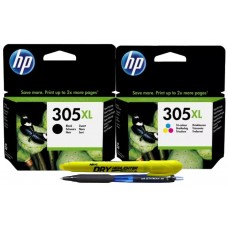 Set 2 Cartuse HP 305 XL Originale (Negru 3YM62AE + Color 3YM63AE) + Pix Jetstream si Textmarker