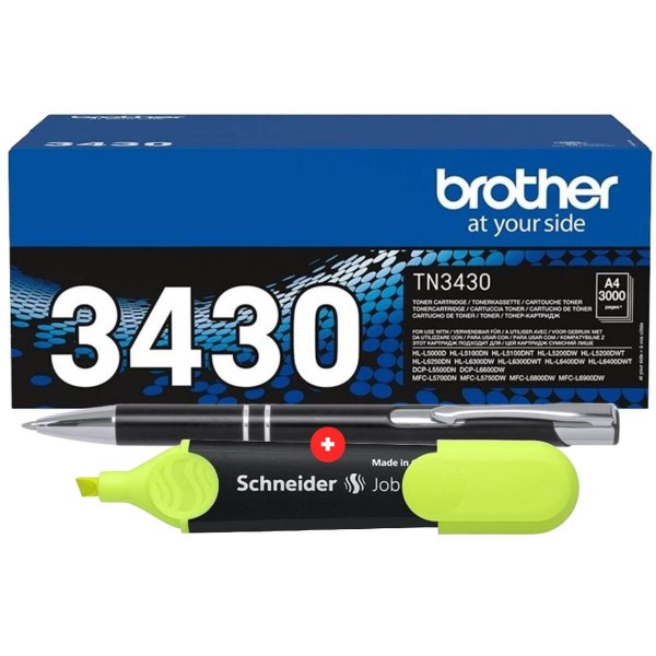 Set Cartus Toner Original Brother TN3430 Negru 3000 pagini cu Textmarker Schneider si Pix CNX201