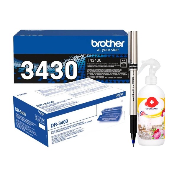 Set Cartus Toner Original Brother TN3430 Negru 3000 pagini + Drum Original Brother DR3400 Negru 30000 pagini cu Roller DeLuxe si Odorizant camera profesional 