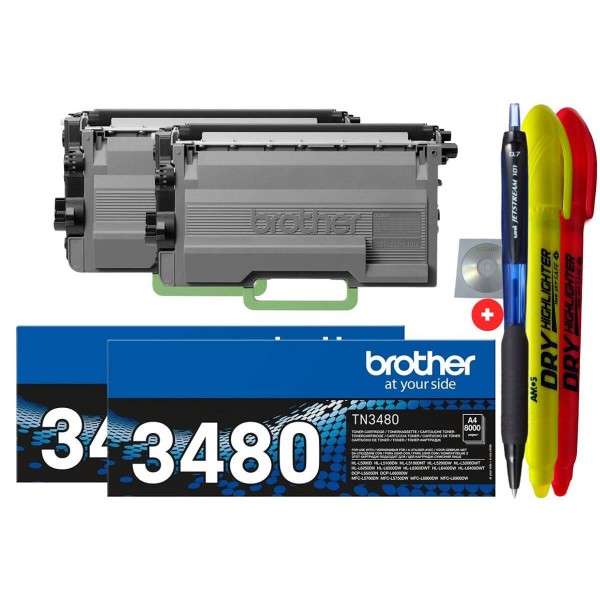 Set Cartuse Toner Original Brother 2x TN3480 Negru 16000 pagini cu Pix Jestream, 2x Textmarker Non Toxic si CD-R Maxell