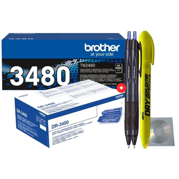 Set Cartus Toner Original Brother TN3480 Negru 8000 pagini + Drum Original Brother DR3400 Negru 30000 pagini cu 2x Pix Jestream, Textmarker Non Toxic si CD-R Maxell