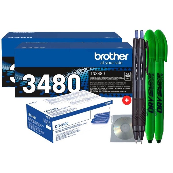 Set Cartuse Toner Original Brother 2x TN3480 Negru 16000 pagini + Drum Original Brother DR3400 Negru 30000 pagini cu 2x Pix Jestream, 2x Textmarker Non Toxic si CD-R Maxell
