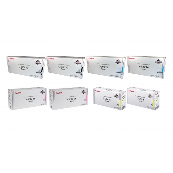 Pachet Cartuse Toner Original Canon 2x C-EXV26B Negru, 2x C-EXV26C Cyan, 2x C-EXV26M Magenta, 2x C-EXV26Y Galben, 48000 pagini si stick USB