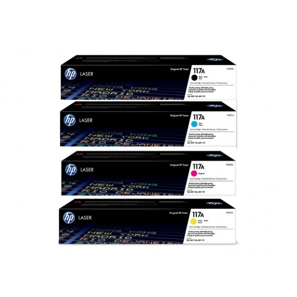 Set Cartuse Toner Original HP (117A) 1x W2070A Negru, 1x W2071A Cyan, 1x W2073A Magenta, 1x W2072A Galben, 3100 pagini si stick USB