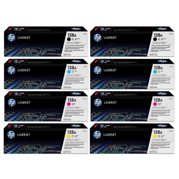 Set Cartuse Toner Original HP (128A) 2x CE320A Negru, 2x CE321A Cyan, 2x CE323A Magenta, 2x CE322A Galben, 11800 pagini si stick USB