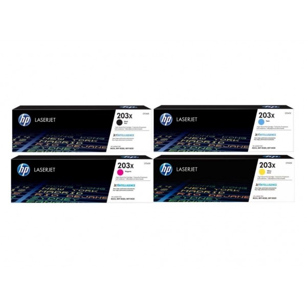 Set Cartuse Toner Original HP (203X) 1x CF540X Negru, 1x CF541X Cyan, 1x CF543X Magenta, 1x CF542X Galben, 10700 pagini si stick USB