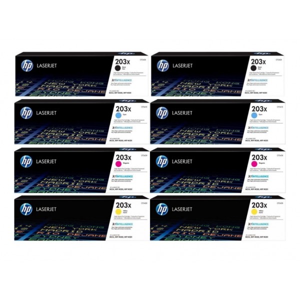 Set Cartuse Toner Original HP (203X) 2x CF540X Negru, 2x CF541X Cyan, 2x CF543X Magenta, 2x CF542X Galben, 21400 pagini si stick USB