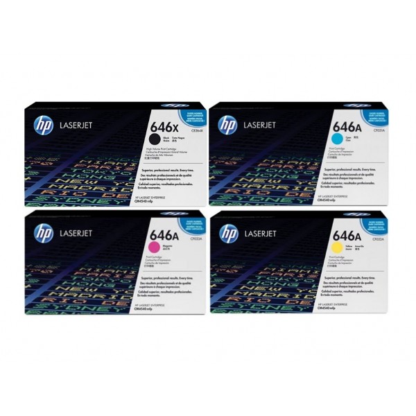 Set Cartuse Toner Original HP (646X/646A) 1x CE264X Negru, 1x CF031A Cyan, 1x CF033A Magenta, 1x CF032A Galben, 54500 pagini si stick USB