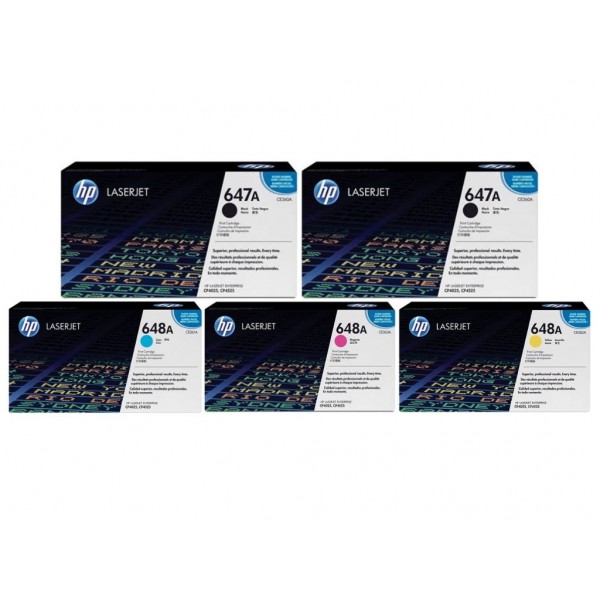 Set Cartuse Toner Original HP (647A/646A) 2x CE260A Negru, 1x CF031A Cyan, 1x CF033A Magenta, 1x CF032A Galben, 54500 pagini si stick USB