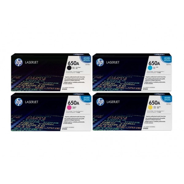 Set Cartuse Toner Original HP (650A) 1x CE270A Negru, 1x CE271A Cyan, 1x CE273A Magenta, 1x CE272A Galben, 58500 pagini si stick USB