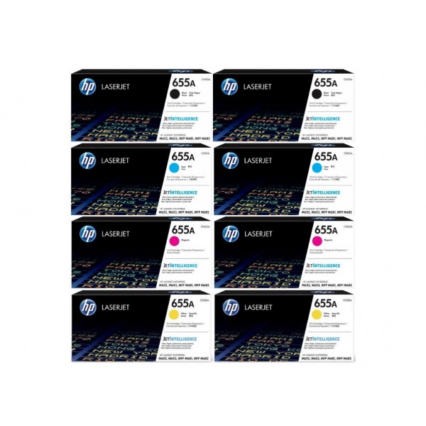 Set Cartuse Toner Original HP (655A) 2x CF450A Negru, 2x CF451A Cyan, 2x CF453A Magenta, 2x CF452A Galben, 88000 pagini si stick USB