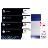 Set Cartuse Toner Original HP 415X 1x W2030X Negru, 1x W2031X Cyan, 1x W2032X Magenta, 1x W2033X Galben 25500 pagini cu 10x Pix si Solutie Suprafete