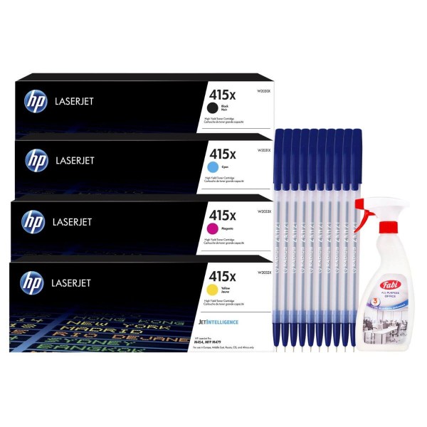 Set Cartuse Toner Original HP 415X 1x W2030X Negru, 1x W2031X Cyan, 1x W2032X Magenta, 1x W2033X Galben cu 10x Pix si Solutie Suprafete