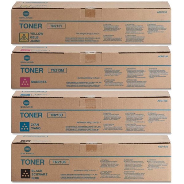 Set Cartuse toner Konica-Minolta Original 1x TN-213K Negru, 1x TN-213C Cyan, 1x TN-213M Magenta, 1x TN-213Y Galben, 81500 pagini si USB Stick
