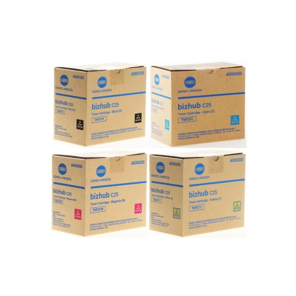 Set Cartuse toner Konica-Minolta Original 1x TNP27K Negru, 1x TNP27C Cyan, 1x TNP27M Magenta, 1x TNP27Y Galben, 18700 pagini si USB Stick