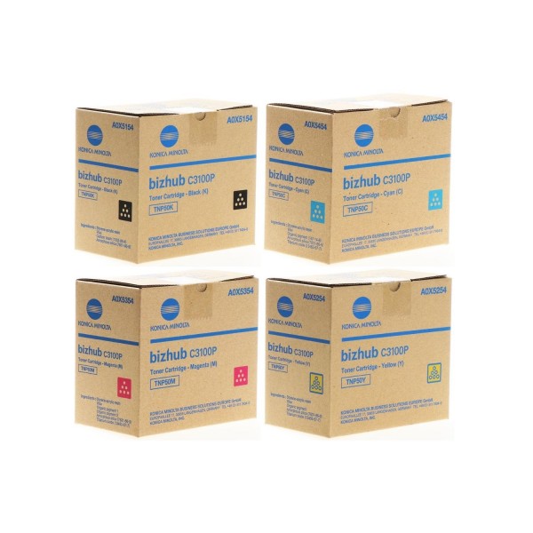 Set Cartuse toner Konica-Minolta Original 1x TNP50K Negru, 1x TNP50C Cyan, 1x TNP50M Magenta, 1x TNP50Y Galben, 20000 pagini si USB Stick