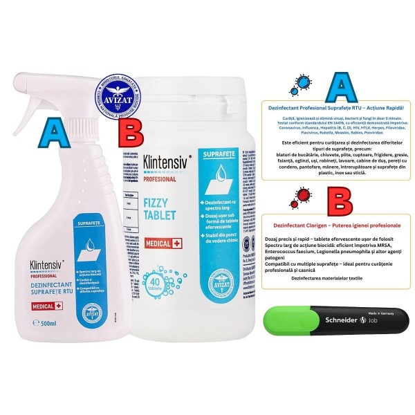 Set Complex – Dezinfectant Clor Profesional 40 Tablete + Dezinfectant Suprafețe RTU Profesional 500ml, Textmarker Schneider