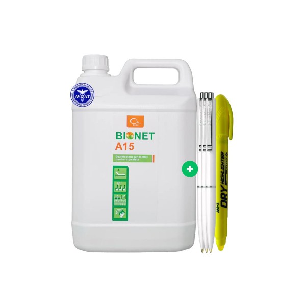 Set Bionet A15 Dezinfectant Profesional Concentrat Multisuprafete 5L + 3 Pixuri Schneider si 1 Textmarker Non Toxic – Curata si Dezinfecteaza Simultan - Bactericid, Virucid, Fungicid si Micobactericid