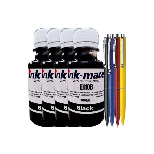 Set Flacon Cerneala Inkmate Compatibil Epson (110) 4x100ml Negru si 4buc Pix Schneider