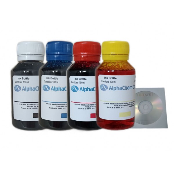 Set Flacon Cerneala AlphaChem Compatibil HP300, 1x100ml CC640EE Negru, 1x100ml CC643EE Cyan, 1x100ml CC643EE Magenta, 1x100ml CC643EE Galben, 4buc Cdr Maxell cu plic
