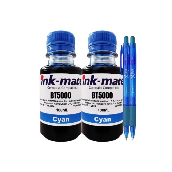Set Pachet Flacon cerneala Ink-Mate Compatibil Brother 2x100ml BT5000C Cyan cu 2x Pix Penac