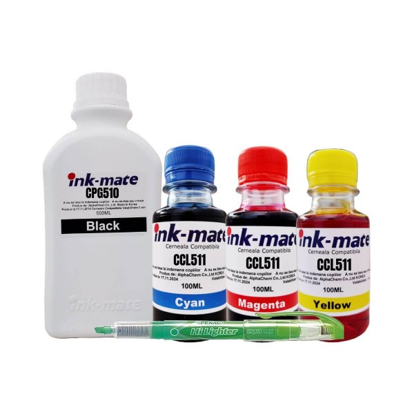 Set Flacon Cerneala Compatibil Canon 1x500ml PG-510 Negru, 1x100ml CL-511 Cyan, 1x100ml CL-511 Magenta, 1x100ml CL-511 Yellow, 1xTextmarker Penac