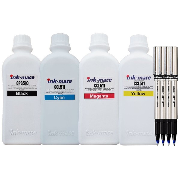 Set Flacon Cerneala Ink-Mate Compatibil Canon 1x1000ml PG-510 Negru, 1x1000ml CL-511 Cyan, 1x1000ml CL-511 Magenta, 1x1000ML CL-511 Yellow, 4xRoller DeLuxe