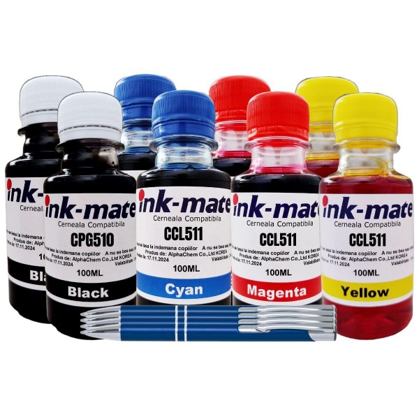 Set Flacon Cerneala Compatibil Canon 2x100ml PG-510 Negru, 2x100ml CL-511 Cyan, 2x100ml CL-511 Magenta, 2x100ml CL-511 Yellow, 4xPix CNX-201