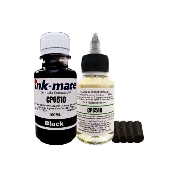 Set Flacon Cerneala Ink-Mate Compatibil Canon 1x100ml PG-510 Negru, Solutie Curatare 1x100ml, 4xDop