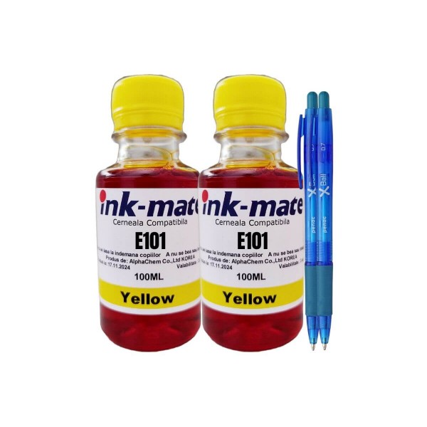 Set Flacon Refill Cerneala Ink-Mate Compatibil EPSON 101, 2x100ml C13T03V44A Yellow si 2xPix Xball